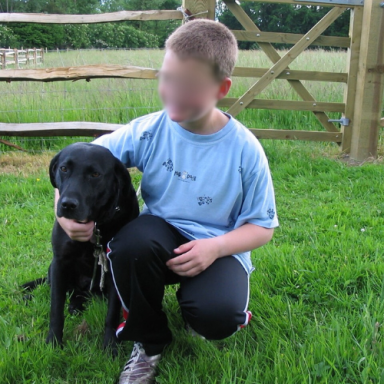 A boy kneeling next to a black labrador.